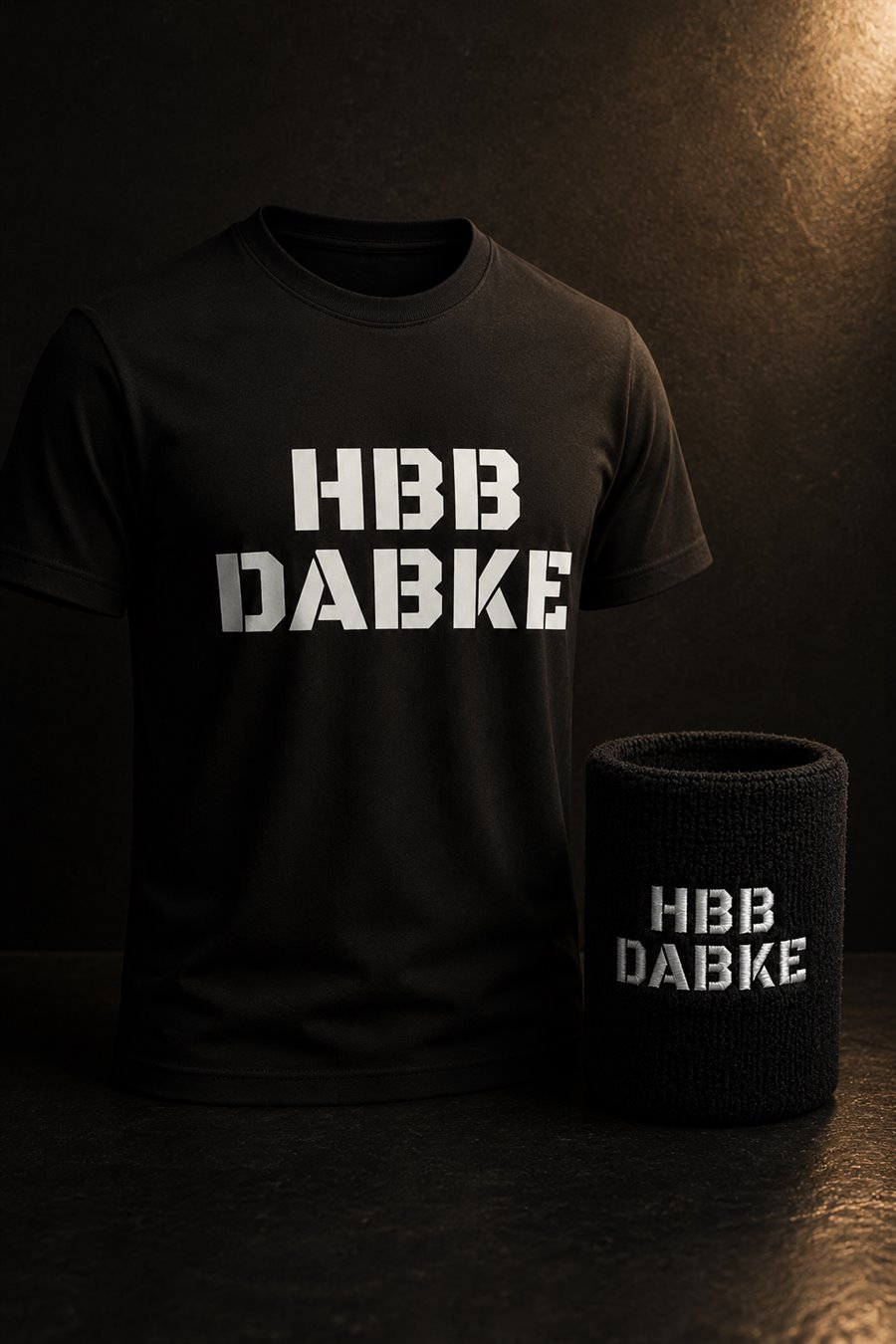 The black HBB Dabke t-shirt and matching wristband included with every registration